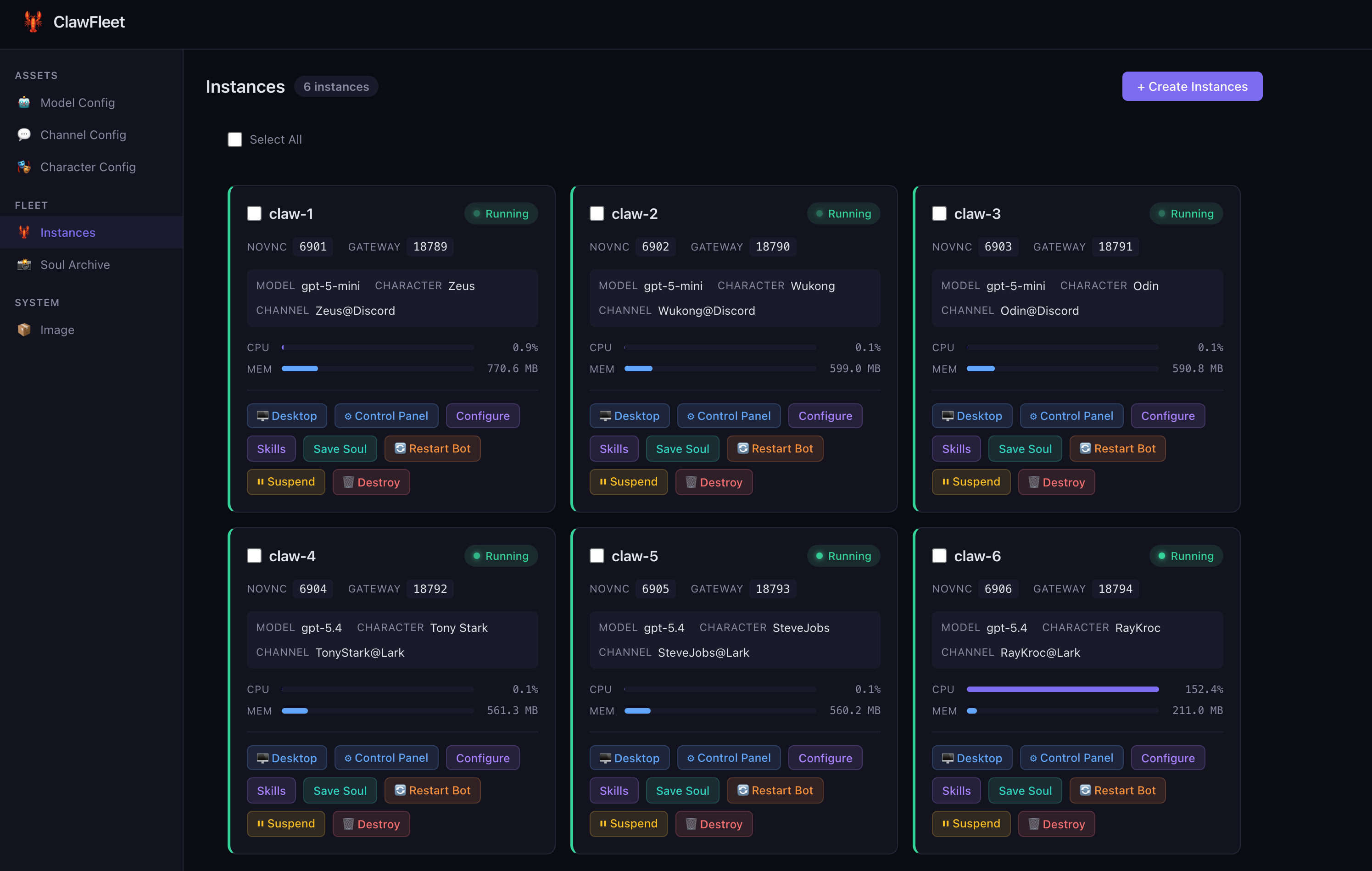 ClawFleet Dashboard: 6 AI bot instances running in isolated Docker containers, each with independent CPU/memory monitoring