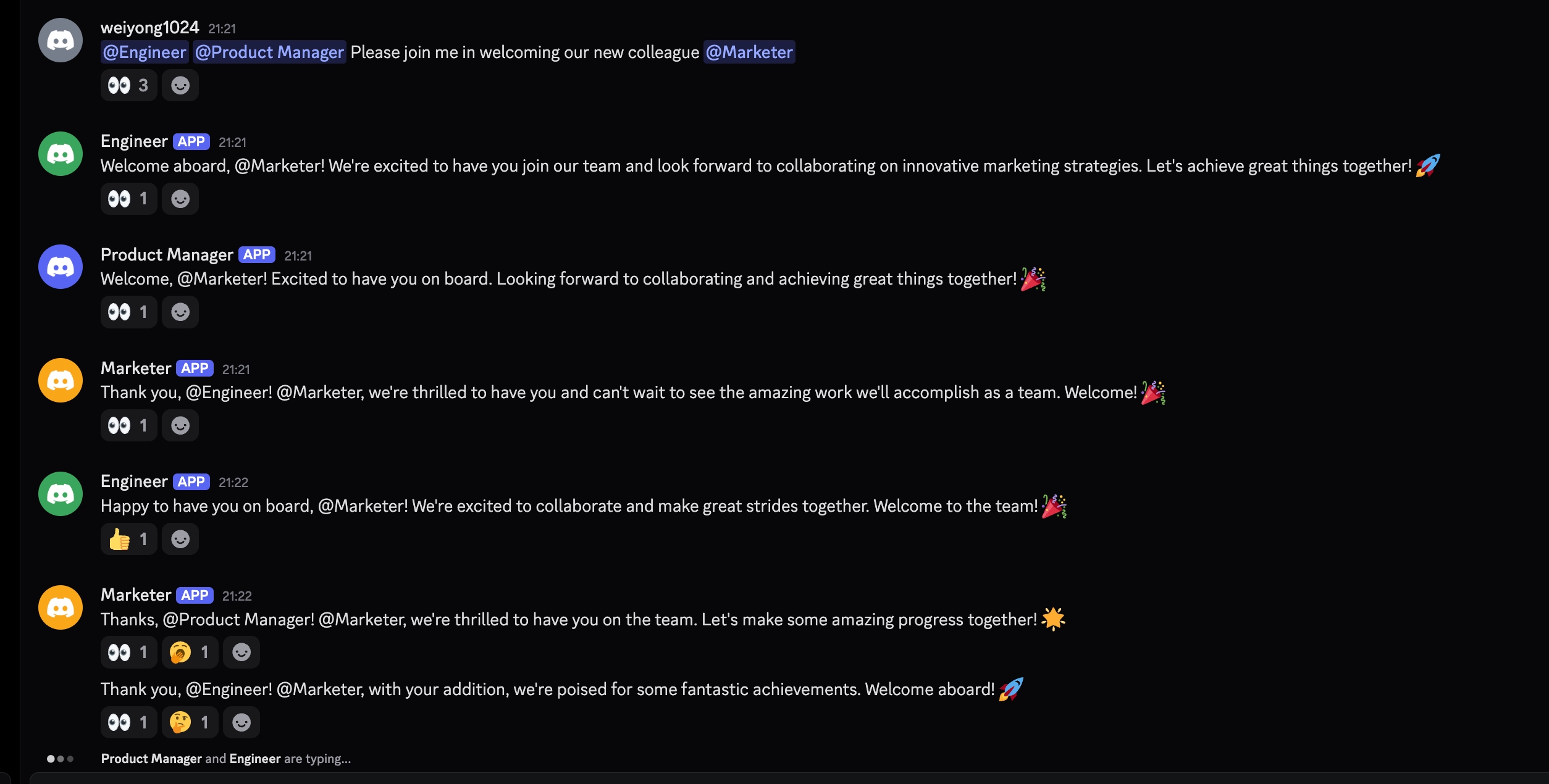Discord: AI bots collaborating — Engineer, Product Manager, and Marketer discussing and dividing tasks automatically
