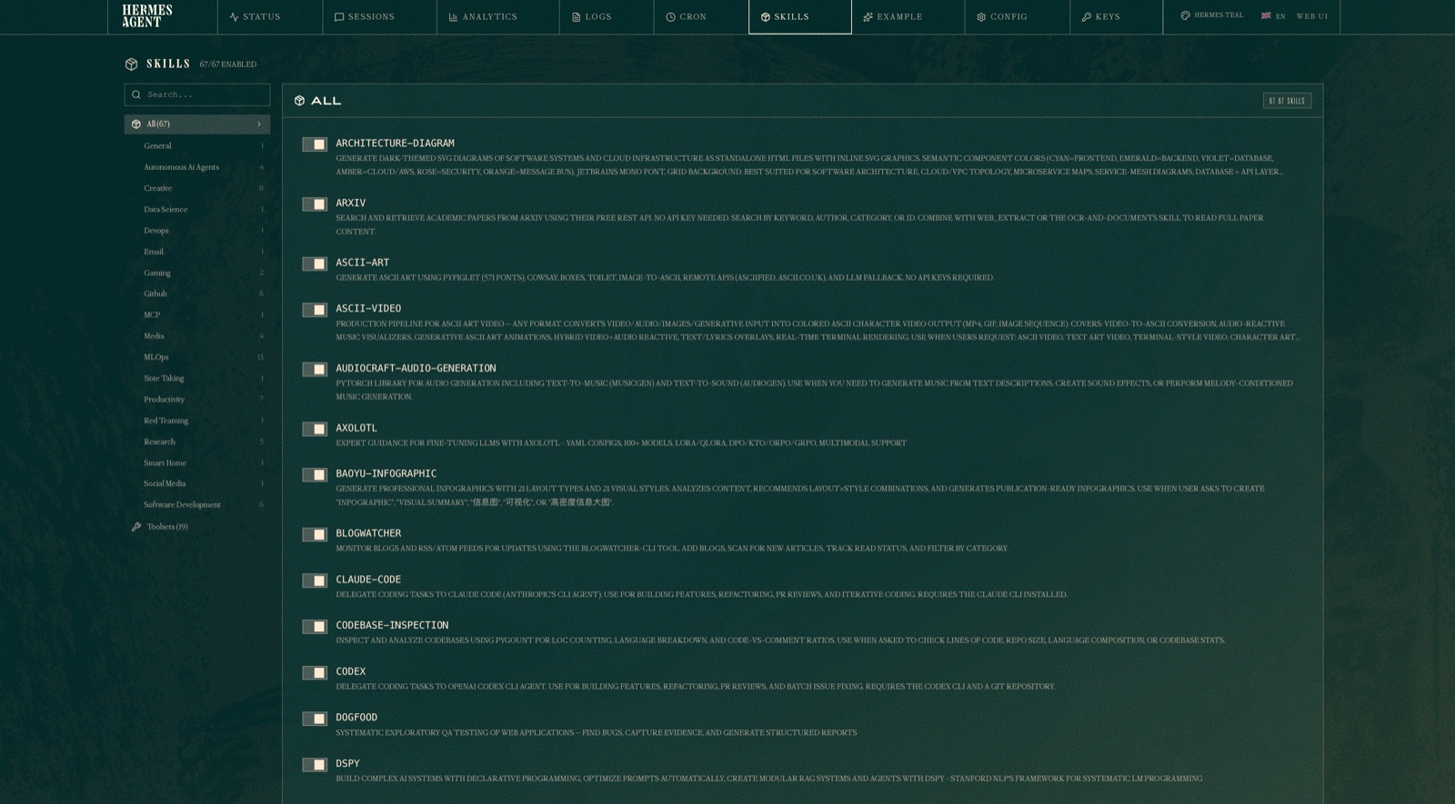 Hermes native Dashboard showing cron, skills, and terminal backends